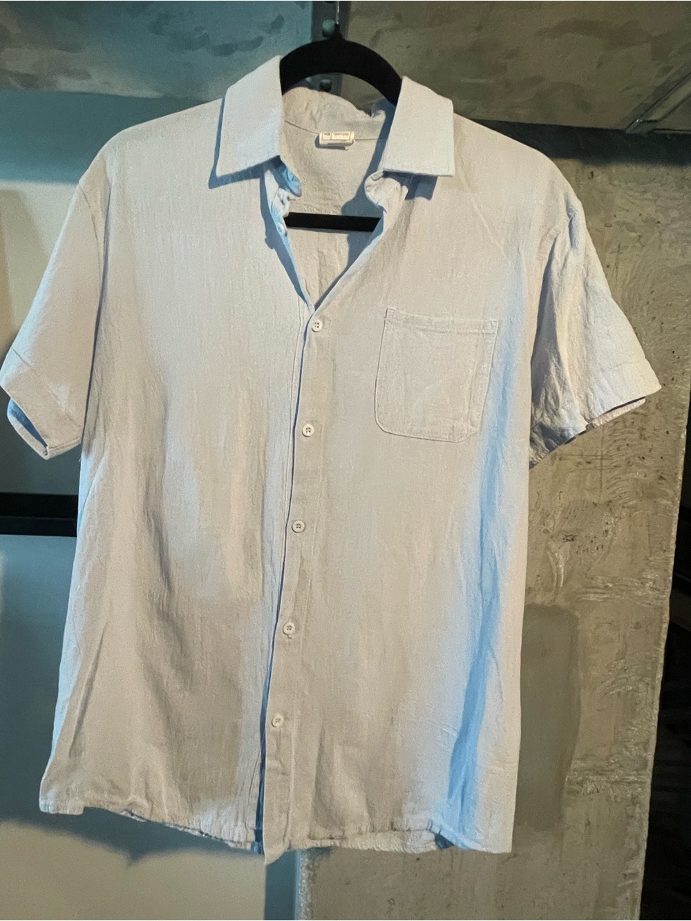 Light Blue Short-Sleeve Cotton/Linen Blend Button-Down